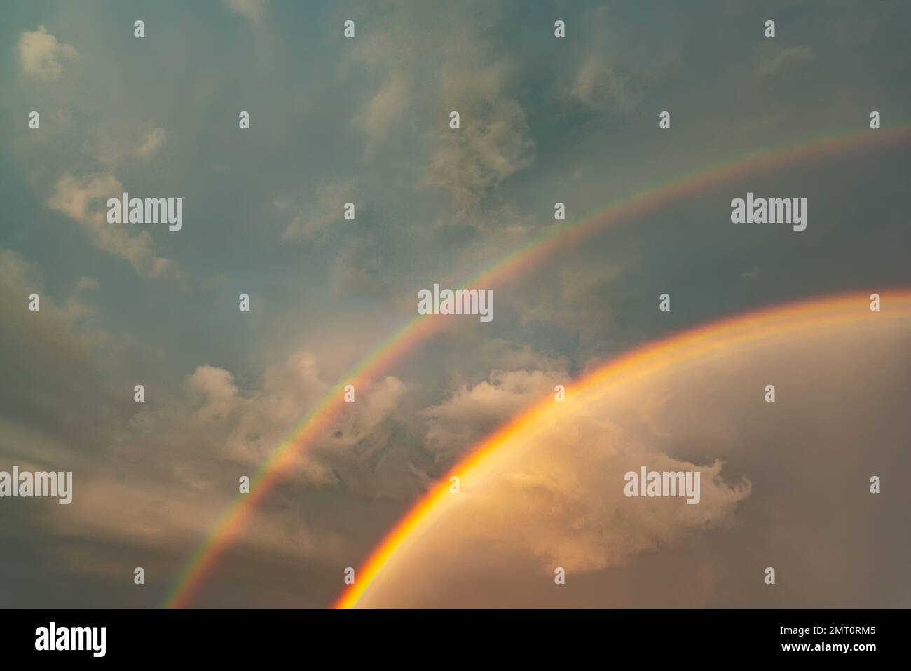 Zwei Regenbögen vor einem dunkelblauen Himmel und weiße Wolken nach Regen während des Tages. Stockfoto