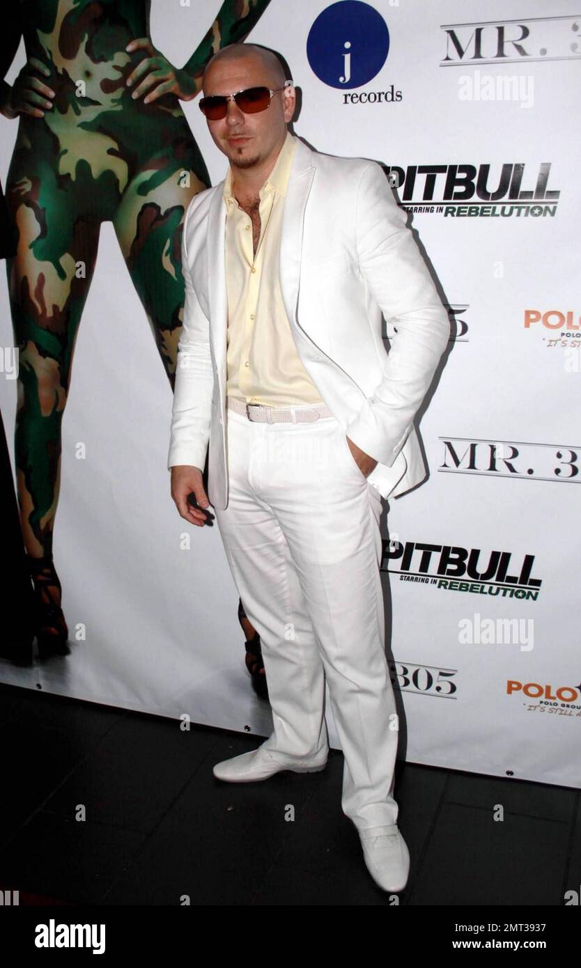 Mr. 305 Pitbull veranstaltet eine VIP-Hörsitzung im Cinebistro für sein bevorstehendes Album "Revolution". Als Teil der Veranstaltung überraschte er Rapper Fat Joe auch anlässlich seines Geburtstags mit Kuchen. Miami, Florida 8/19/09. Stockfoto