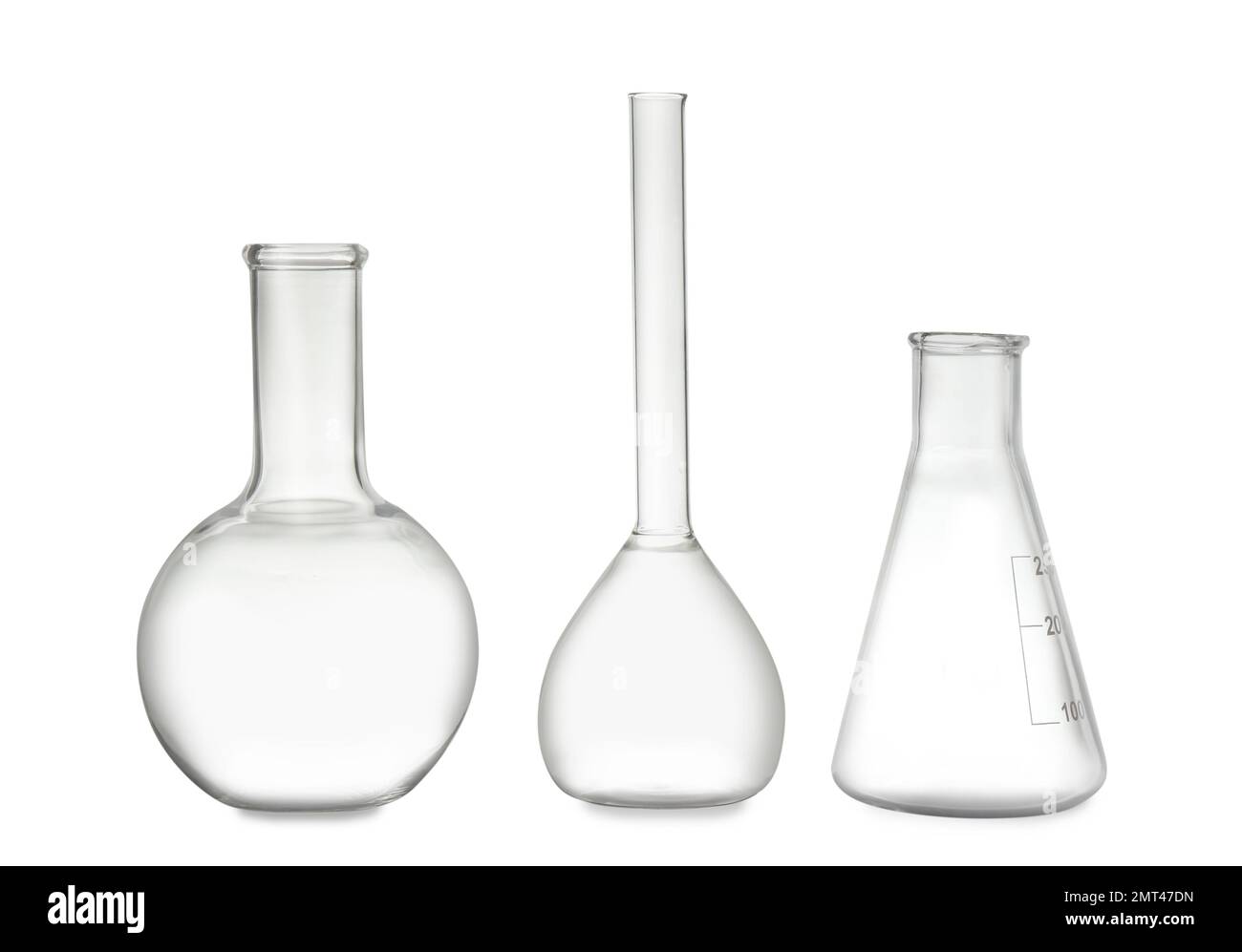 Reinigen Sie leere, auf weiß isolierte Laborglasgeräte Stockfoto