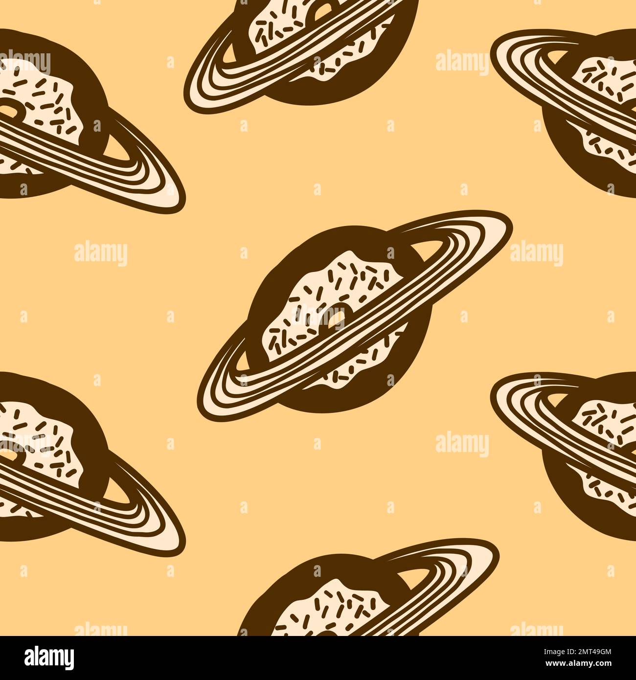 Cartoon-Donut-Planet. Nahtloses Vektormuster im flachen Cartoon-Stil, isoliert auf weißem Hintergrund Stock Vektor
