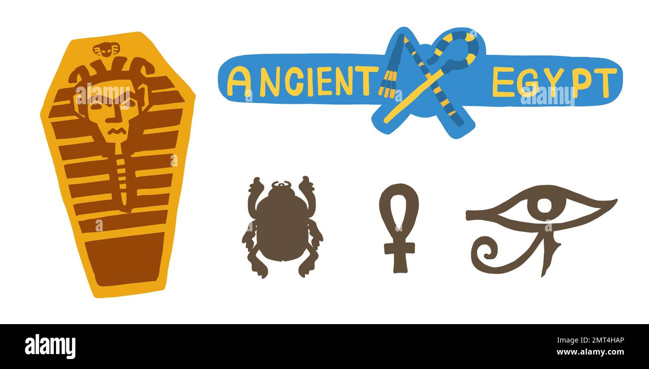 Elemente des alten Ägyptens. Logo. Der Pharao-Sarkophag. Scarab-Käfer. Anh. Ägyptisches Auge Stock Vektor