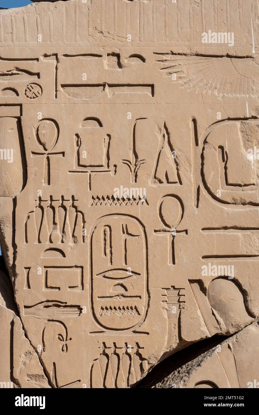 Antike ägyptische Steinkartouche, Hieroglyphische Reliefdetails im Karnak-Tempel, Luxor. Ägypten. Stockfoto