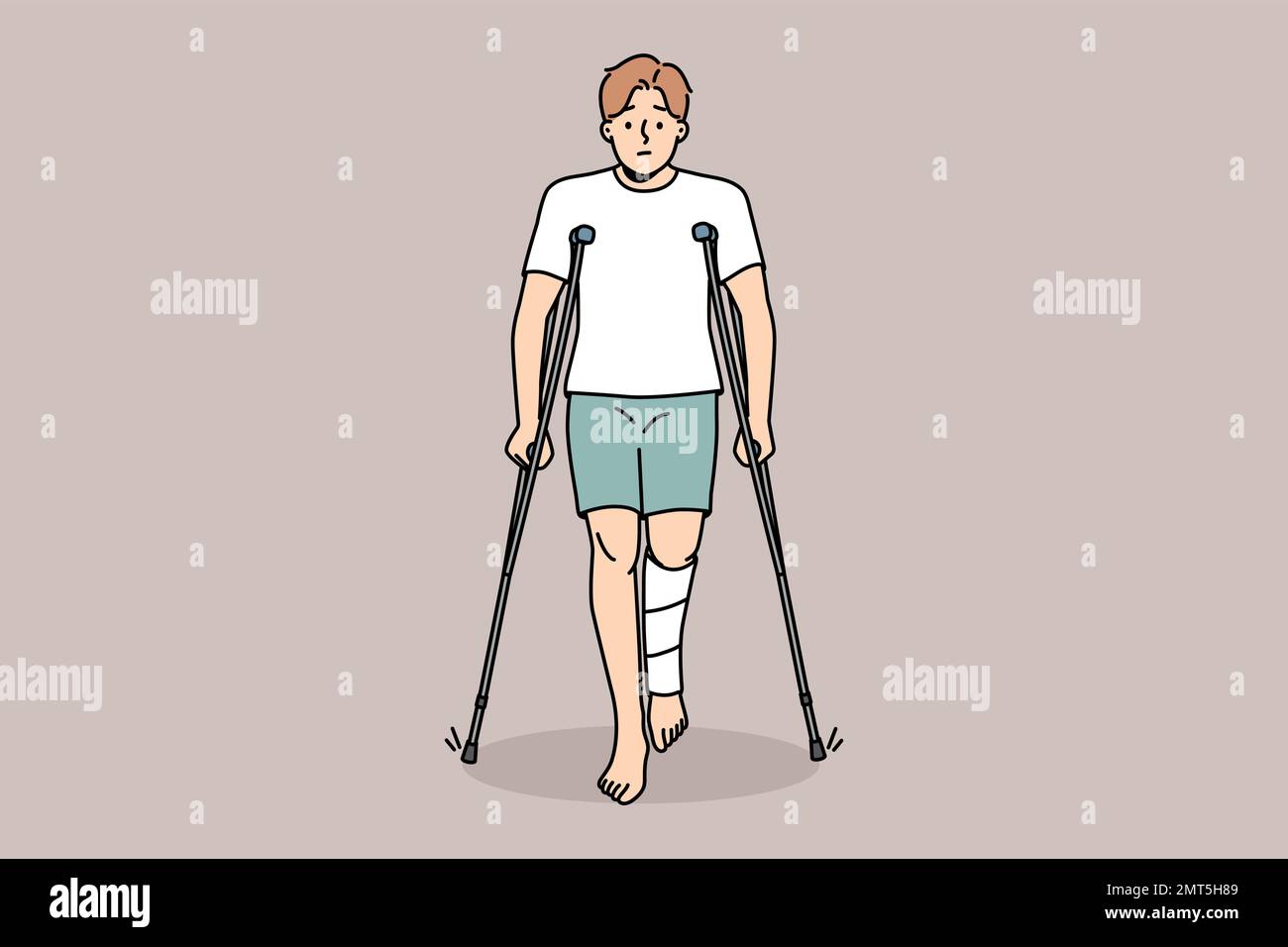 Unglücklicher junger Mann mit Beinverletzung beim Gehen auf Krücken. Verärgerter Mann mit Gliedmassentrauma geht oder steht. Gesundheitswesen und Genesung. Vektordarstellung. Stock Vektor
