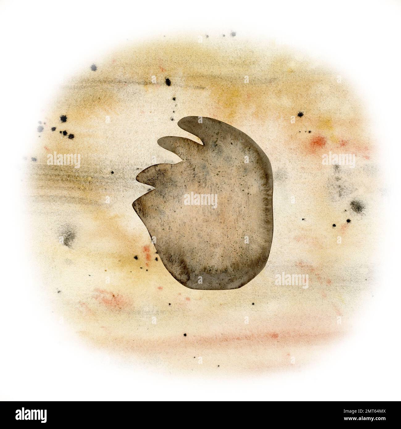 Aquarell pflanzliche Dinosaurier Fußabdruck Fossil, handgezeichnete Diplodocuspfote auf Sand Illustration. Stockfoto