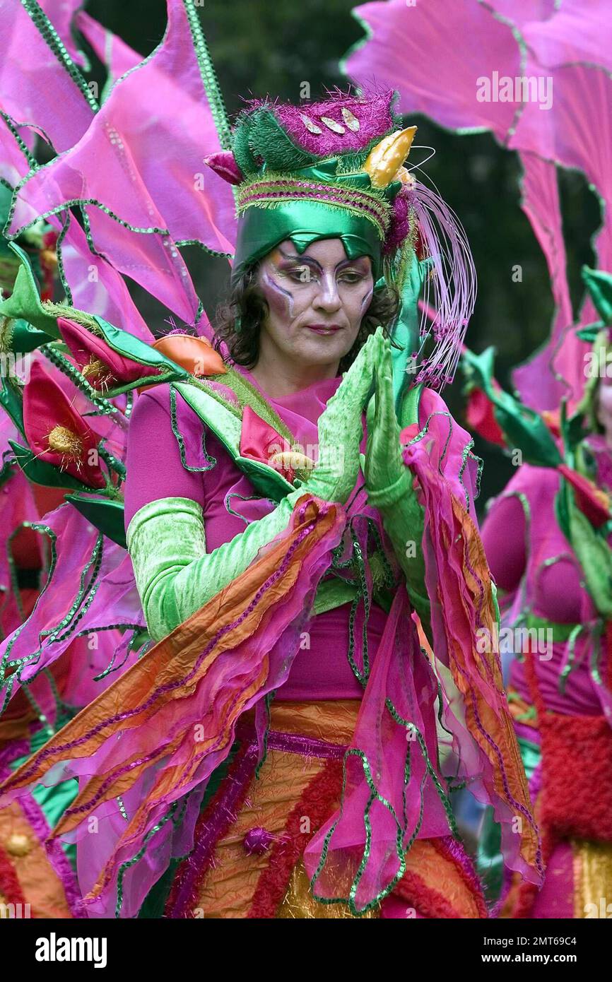 Darsteller marschieren bei einer Parade beim Notting Hill Carnival 2008. Der Notting Hill Carnival findet seit 1965 jährlich statt und wird traditionell von Mitgliedern der karibischen Bevölkerung geführt. Er ist Europas größtes Straßenfestival und das zweitgrößte Straßenfestival der Welt, das jährlich bis zu 2 Millionen Besucher anzieht. London, Großbritannien. 8/25/08. Stockfoto