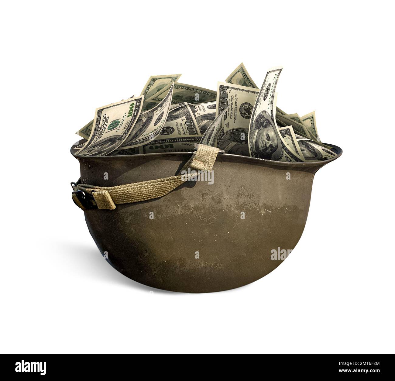 Dollar- und Geldkriege. Das Konzept der Wirtschafts- und Kriegsbeziehung, 3D-Darstellung. Dollar auf Helm. Fotobearbeitung. Inflation. Wechselkursdruck Stockfoto