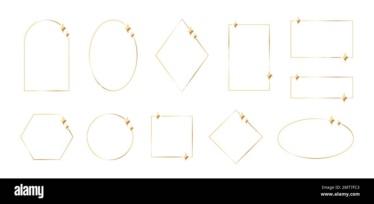 Ästhetische goldene Rahmen in Monolin für Einladungen, luxuriöses Design. Abstrakte geometrische, trendige Rahmen mit dünnen Linien Stock Vektor