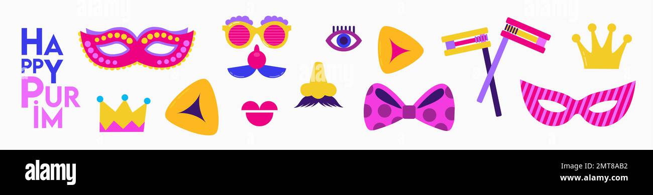 Purim, jüdischer Feiertag. Lustige Kostüme Accessoires, Karnevalsmaske und Karneval- und Geburtstagsparty-Elemente. Stock Vektor