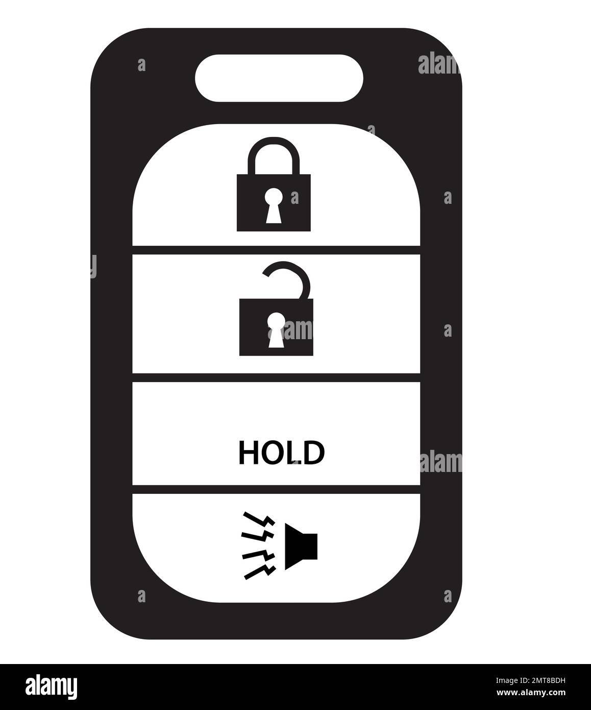 Smart Car Key auf weißem Hintergrund. Autoschlüssel-Schild. Symbol für schlüsselloses Zugangssystem. Flacher Stil. Stockfoto