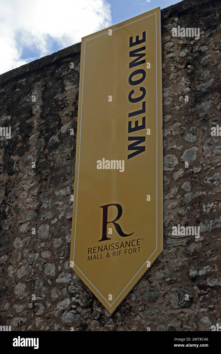 Schild am Eingang zum Rif Fort, Willemstadt, Curacao Stockfoto