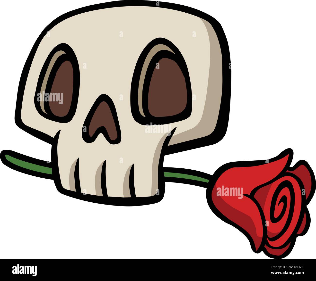 Der Schädel hält eine Rose zwischen den Zähnen Stock Vektor
