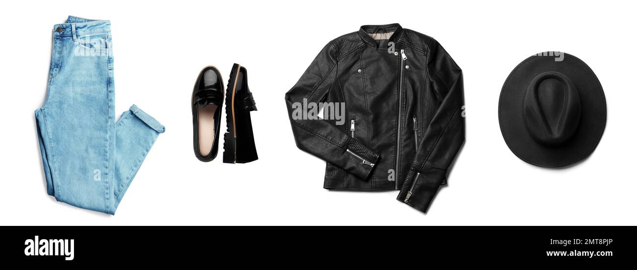 Stylisches Outfit mit schwarzer Lederjacke auf weißem Hintergrund, Draufsicht Stockfoto