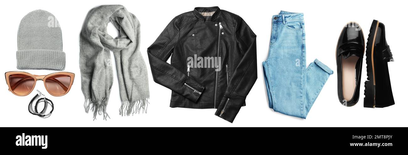 Stilvolles Outfit mit schwarzer Lederjacke auf weißem Hintergrund Stockfoto