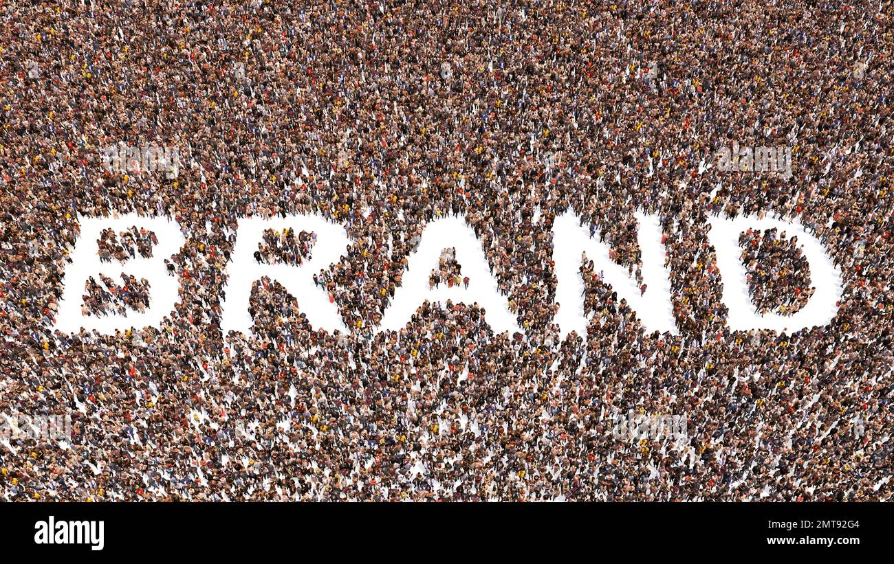 Konzeptionelle große Gemeinschaft von Menschen, die das Wort MARKE bilden. metapher zur 3D-Darstellung für Unternehmen, Unternehmensidentität, modernes Design, Marke Stockfoto