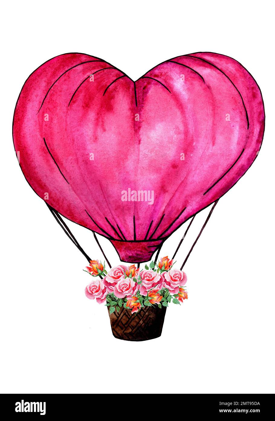 Heißluftballon Mit Blumen. Handgezeichnete Illustration. Hochzeitskonzept. Stockfoto