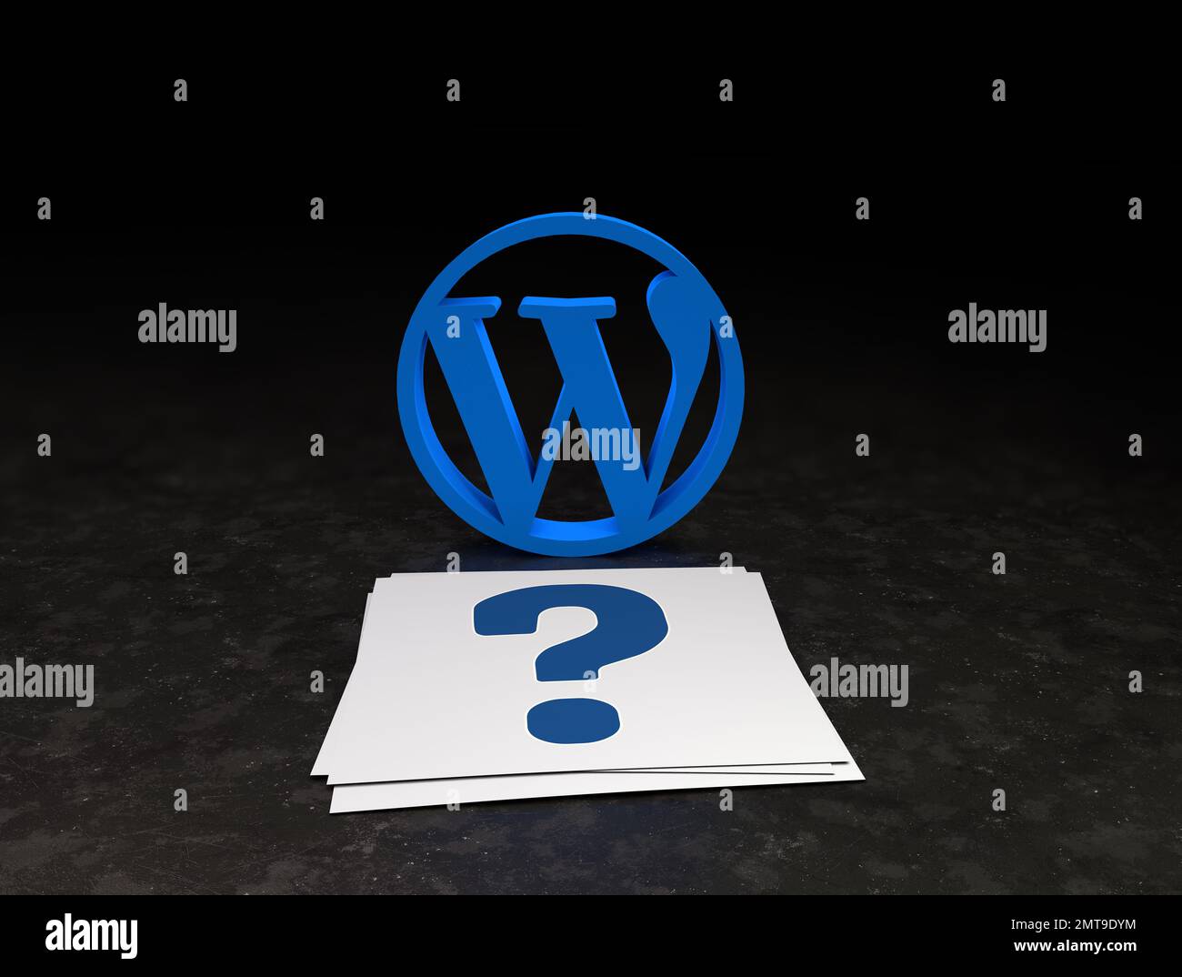 Ein 3D-Rendering des blauen WordPress-Logos und ein Fragezeichen auf dem Whitepaper Stockfoto