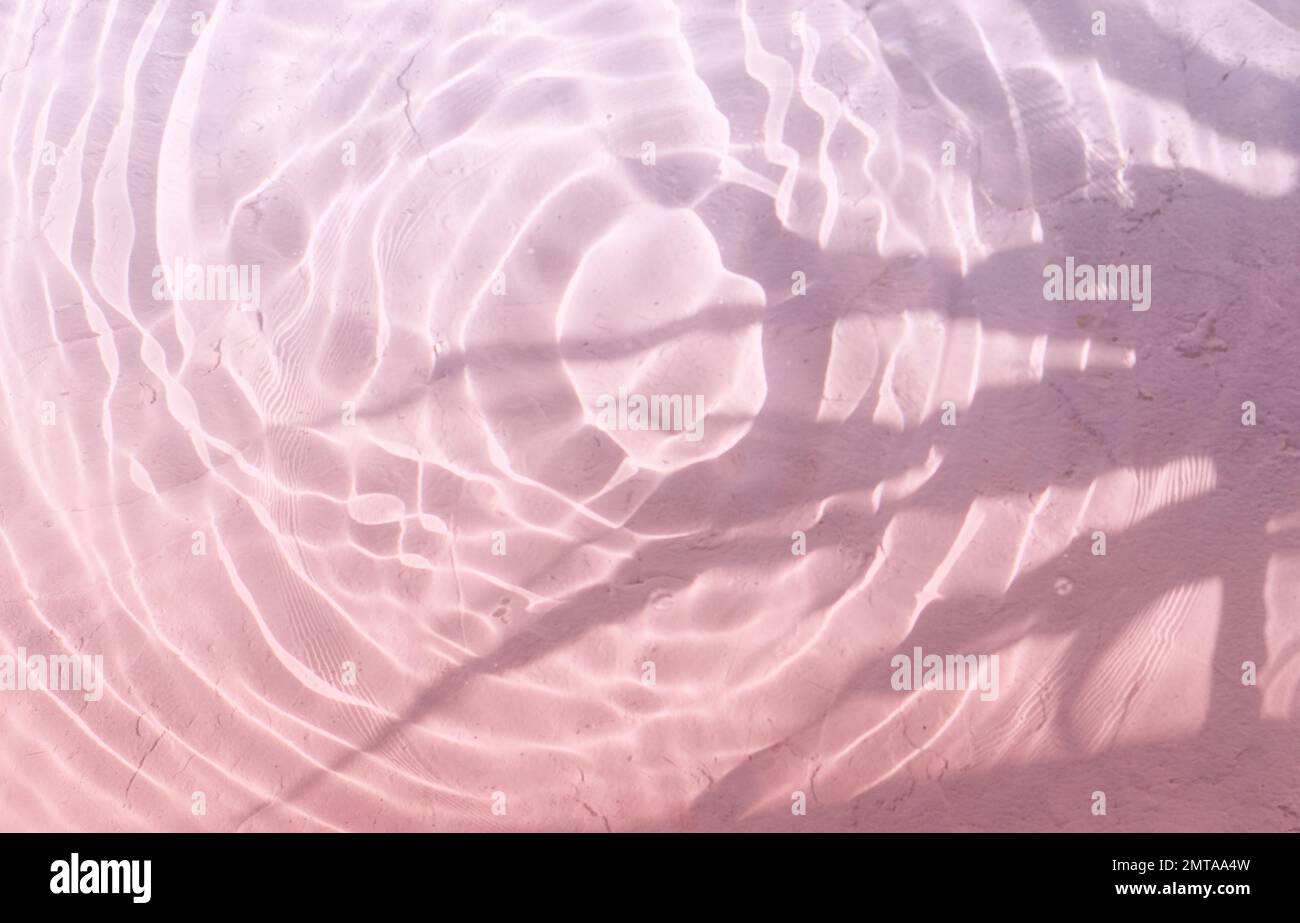 Unschärfe-Effekte auf transparenter, klarer Wasseroberfläche mit Spritzern und Schatten von Pflanzen, kühl für den Hintergrund Stockfoto