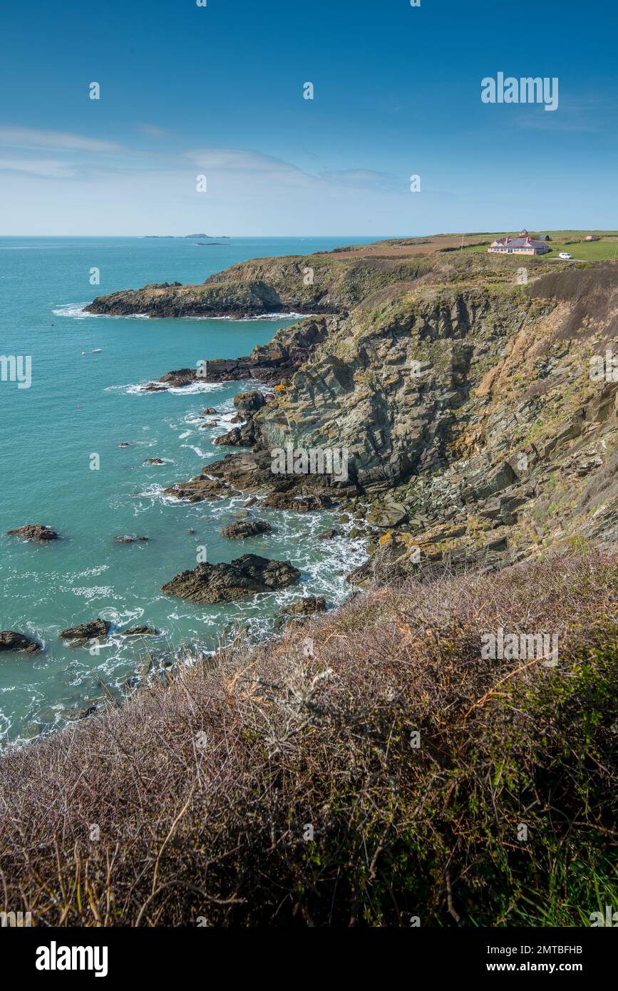 Küstenpfad in der Nähe von St. Justinian, Pembrokeshire. Gewundene Wanderwege entlang der atemberaubenden Küstengegend in der Nähe von St. Davids. Stockfoto