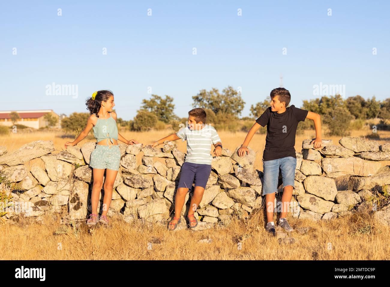 Drei Kinder stehen im Sommer vor einer Steinmauer Stockfoto