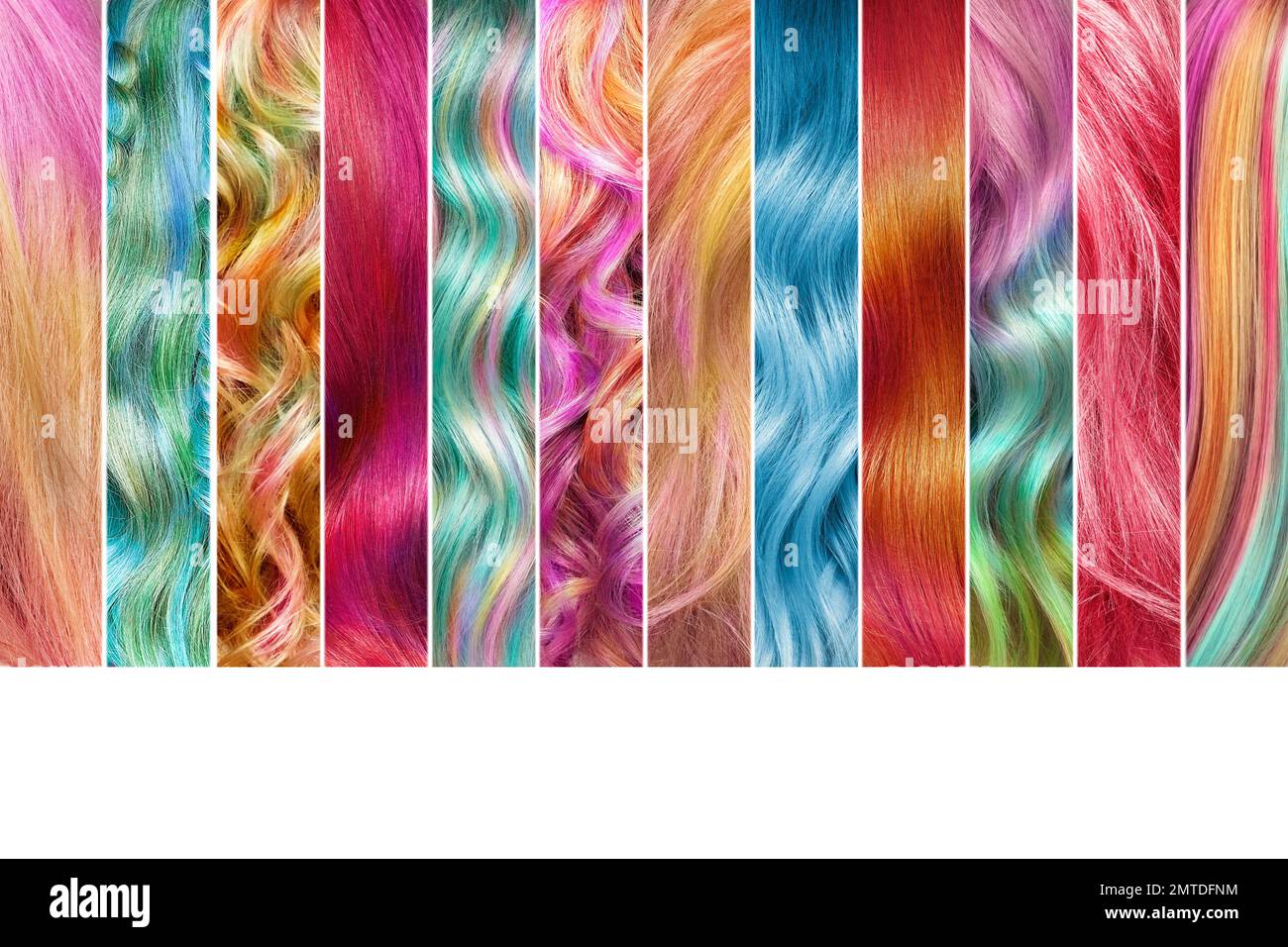 Collage der Haarfarbe. Haarfarben eingestellt. Farbtöne. Farbmuster für gefärbtes Haar Stockfoto