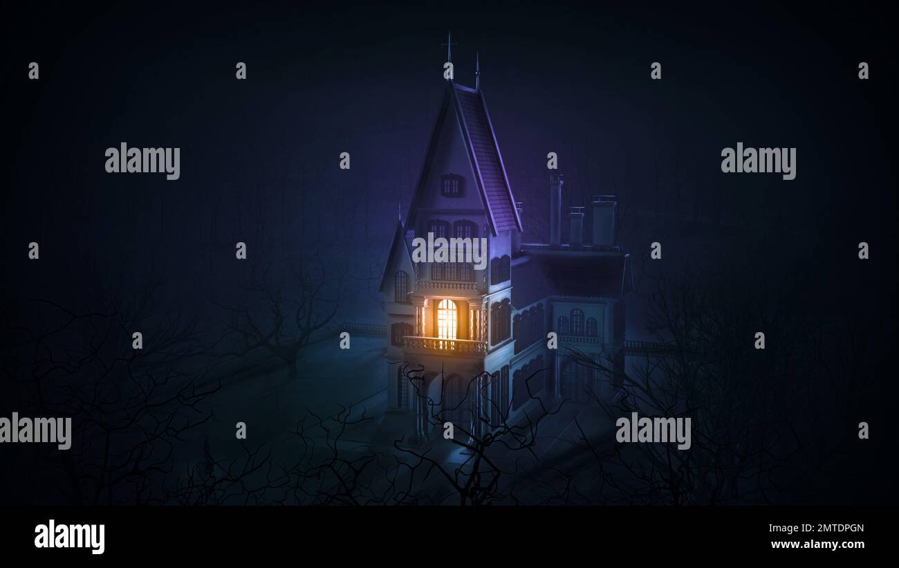 Kleine gruselige Burg mit einem glänzenden Fenster in der dunklen Umgebung. 3D-Darstellung rendern. Stockfoto