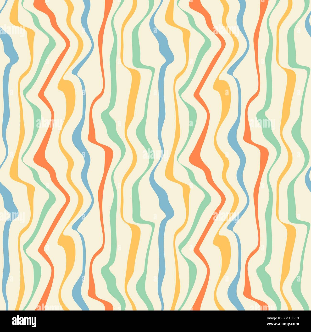 Verzerrte Linien, psychedelisches Nahtmuster. Struktur im Retro-70s 90s 00s-Stil. Groovy bunte Wellen Hintergrund für Textil, Papier, Poster. Abstrakte Wellenvorlage. Vektordarstellung. Stock Vektor