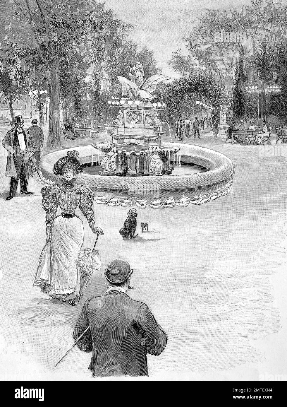 Brunnen im Garten des The Kroll Opernhaus, Theaterbauten, das eine Oper Gebäude in Berlin, Deutschland, 1880, war historische Illustration, Holzschnitt Stockfoto