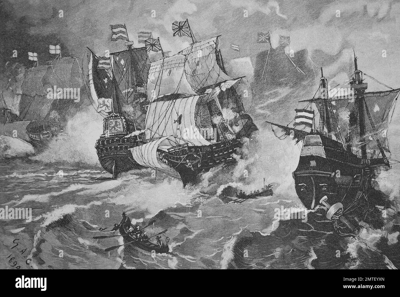 Seekampf zwischen Niederländisch und Englisch, die Seeschlacht von Elba oder Schlacht von Monte Cristo, war eine Seeschlacht die fand am 28. August 1652, historische Abbildung Holzschnitt Stockfoto