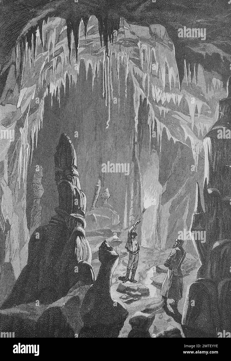 Tropfsteinhöhle in Nord-Amerika, Carlsbad Caverns, historische Abbildung, Holzschnitt Stockfoto