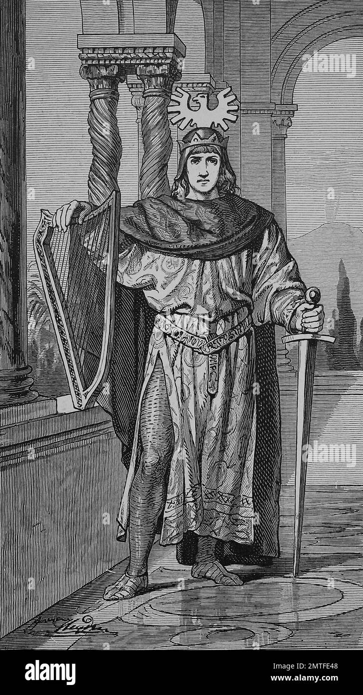 Friedrich II. war ein Heiliger römischer Kaiser, gekleidet wie ein Minnesänger Stockfoto