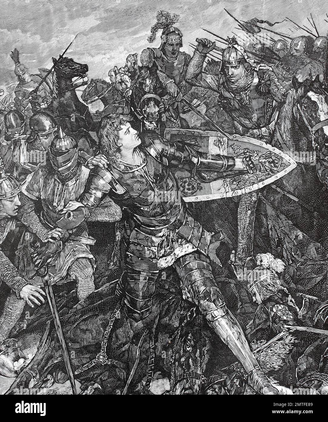 Die Schlacht von Muehldorf auch Schlacht von Ampfing wurde gekämpft, in der Nähe von Muehldorf am Inn am 28 September 1322 hier die Verhaftung von Friedrich dem schönen, Friedrich der Schoene oder der Messe 1289-13 Januar 1330, aus dem Hause Habsburg, er war Herzog von Österreich und der Steiermark von 1308 als Friedrich I sowie König von Deutschland, König der Römer von Anti-König 1314 bis 1325 , historische Abbildung Stockfoto