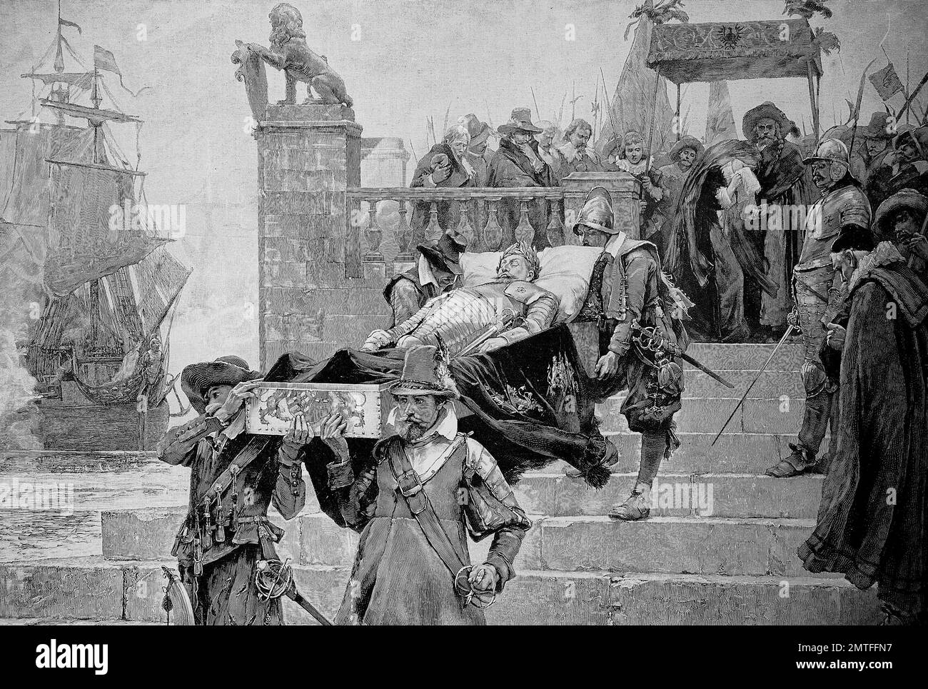 Gustav II. Adolf, 9 Dezember 1594 - 6. November 1632, weithin bekannte in Englisch mit seinem latinisierte Namen Gustavus Adolphus Gustav II Adolf, oder als Gustavus Adolphus der große, seine Leiche durchgeführt, um das Schiff im Hafen von Wolgast, historische Abbildung Stockfoto