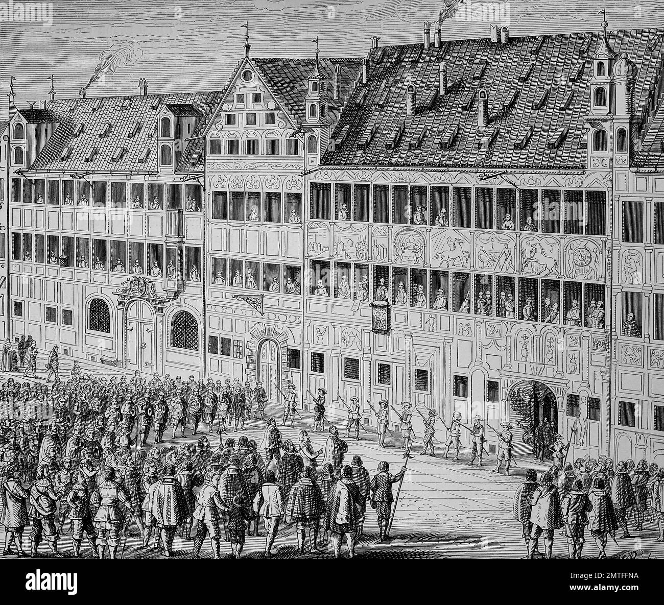 Das Haus der Fugger in Augsburg, Deutschland. Die Bürgerinnen und Bürger eine Hommage an Gustav Adolf, historische Abbildung Stockfoto