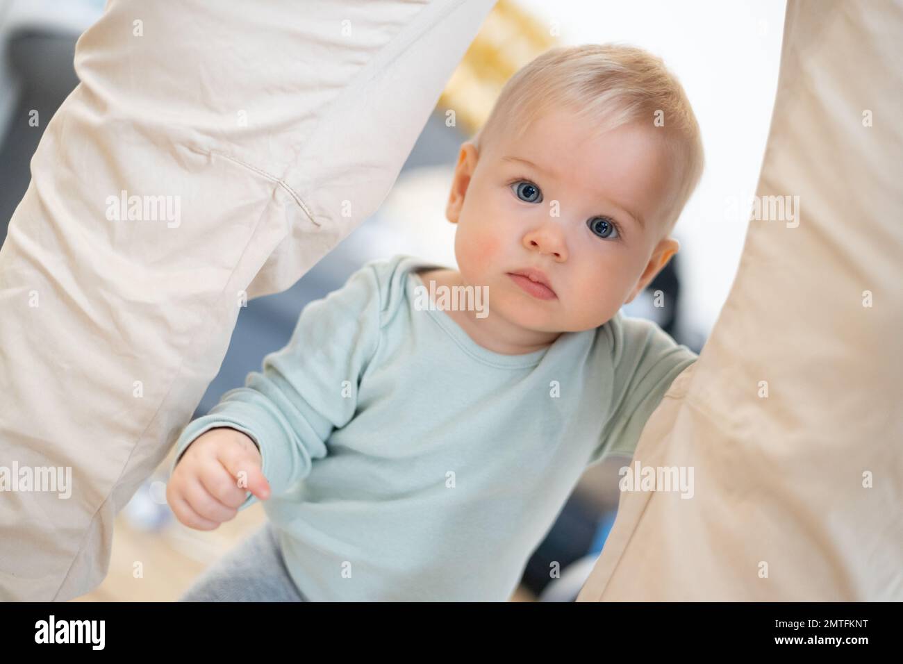 Porträt eines niedlichen neugierigen kleinen Jungen, das zu Hause die ersten Schritte unternimmt und an der Hose seines Vaters festhält. Süßer kleiner Junge, der Laufen lernt Stockfoto