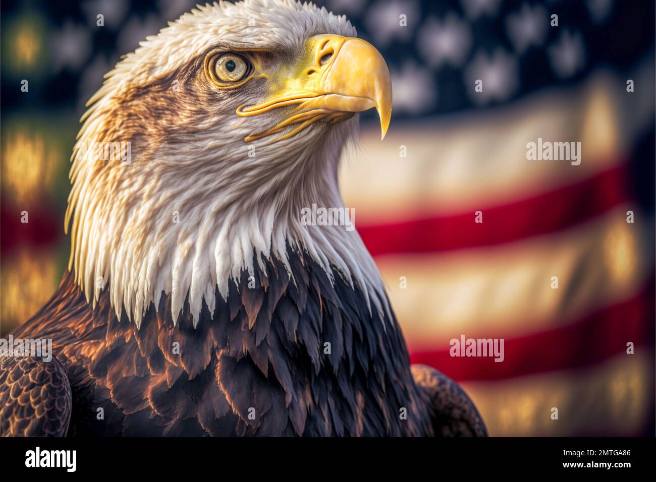 Seitenansicht des mächtigen, starken Weißkopfadlers mit gelbem Schnabel, der am Unabhängigkeitstag neben der US-Flagge steht Stockfoto