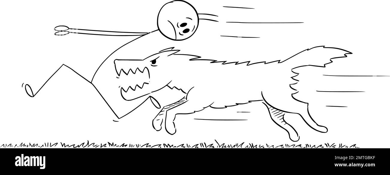 Person, Die Vor Dem Wütenden Aggressiven Hund Wegläuft, Vektor-Cartoon-Stick-Abbildung Stock Vektor