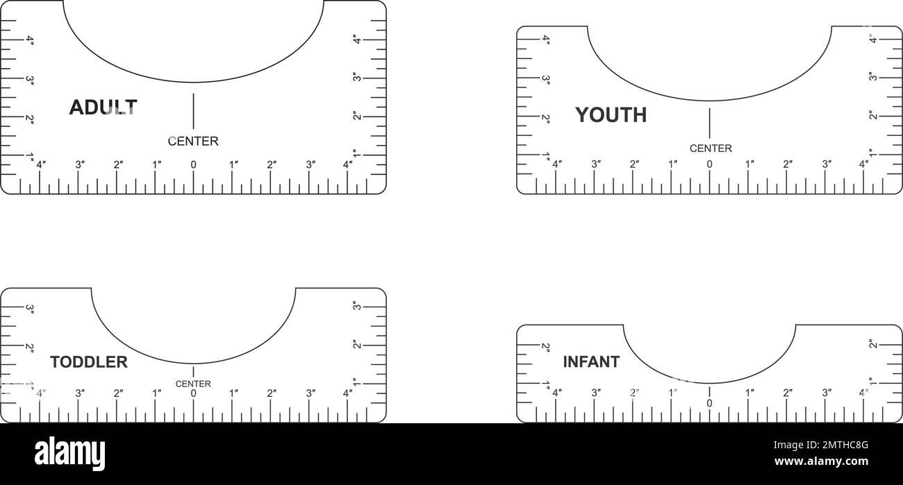 Set mit T-Shirt-Ausrichtungsführungen. Vorlagen für Erwachsene, Jugendliche, Kleinkinder, Kleinkinder. Lineale zum Zentrieren von Kleidungsstücken. Integrieren von Messwerkzeugen mit Kennzeichnungen und Zahlen. Kalibrierung Zoll Stock Vektor