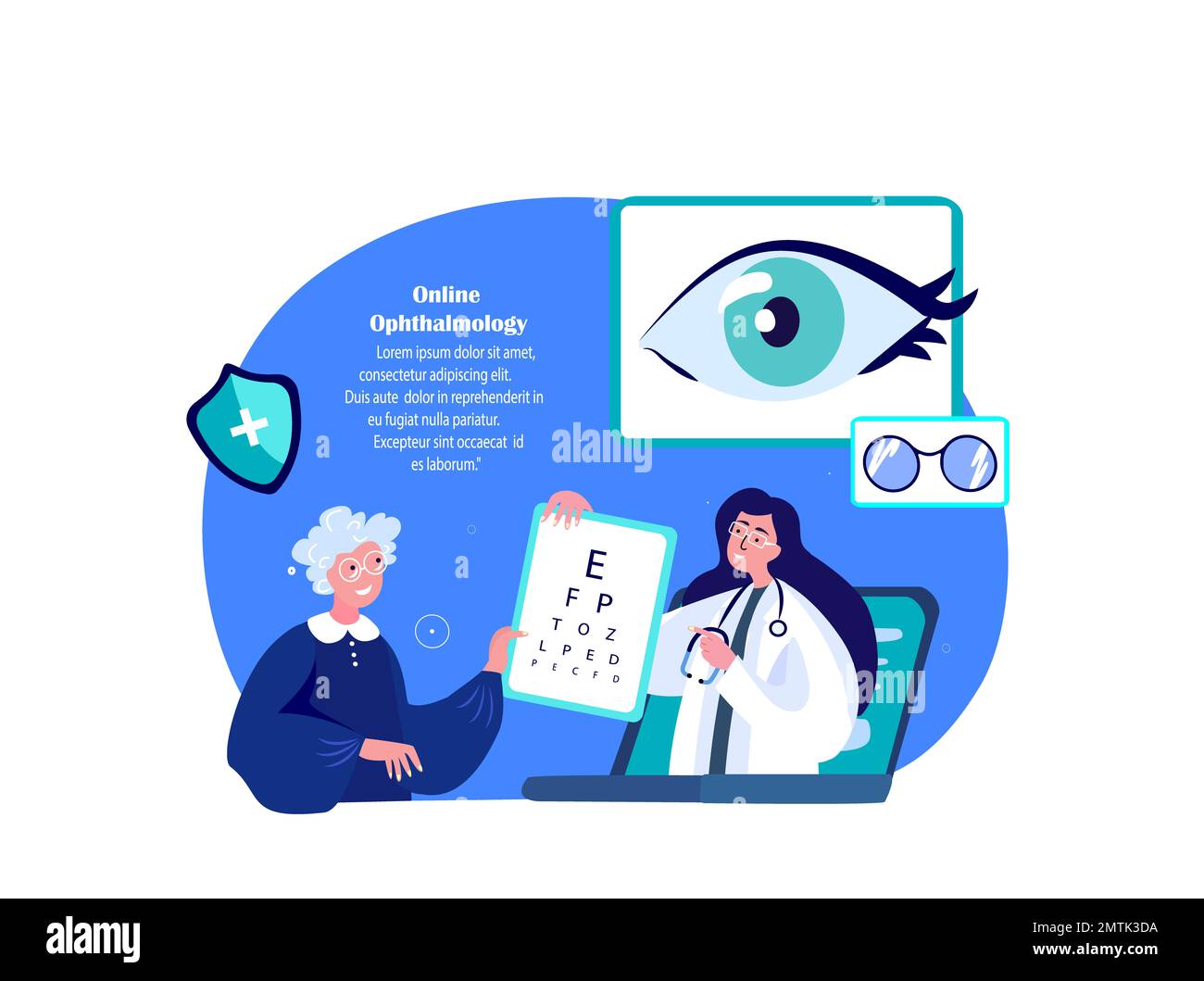 Online-Augenarzt, Augenärztin Beratung Alte Rentnerin Frau Patient.Augenblickschärfe,Snellen Chart.Myopie,Weitsichtbehandlung. Stockfoto