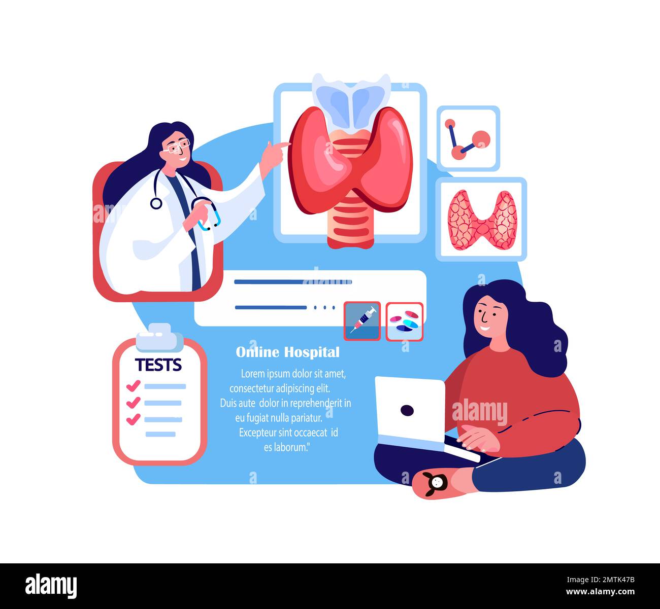 Online-Endokrinologe Arzt Konsultieren Patient.Schilddrüsenpathologie,Anomale Drüse,Pinealorgan.Ultraschall,Bluttests.Internet-Behandlung.Digital Medi Stockfoto