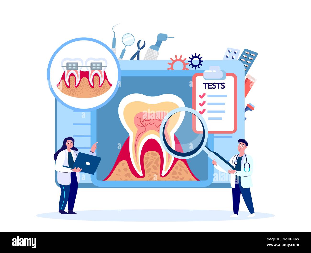 Zahnärzte Wissenschaftler,Stomatologen Ärzte untersuchen Zahnwurzeln und Nerven.Studie zur Zahnzahnforschung.Klinische Untersuchung.Online Medical Council Stockfoto