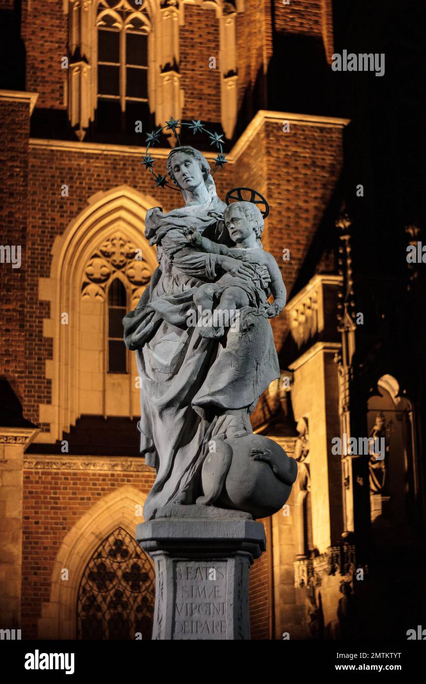 Ein wunderschöner Blick auf die Statue der Heiligen Marie im Hintergrund der Kathedrale Stockfoto