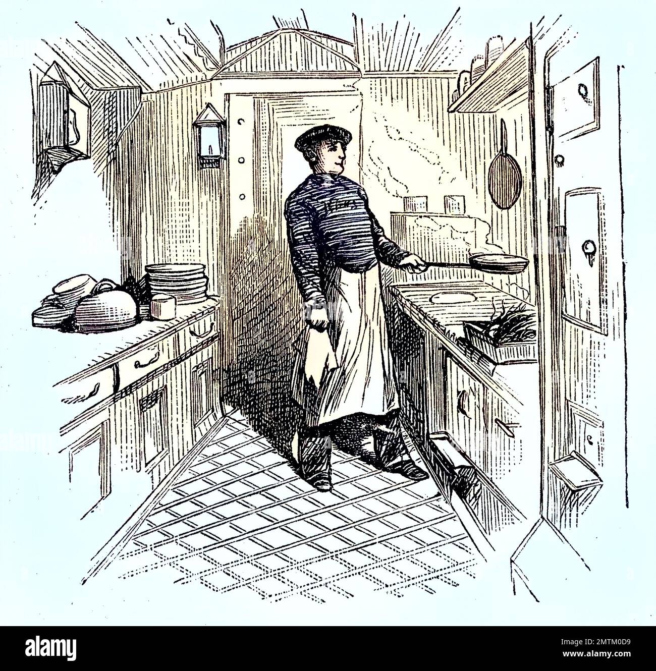 Szene auf einem englischen Auswandererschiff, die Küche, Kombüse / Scene on an English emigrant ship, the kitchen, galley, Historisch, historical, Digital verbesserte Reproduktion eines Originals aus dem 19.. Jahrhundert, genau Originaldatum nicht bekannt Stockfoto