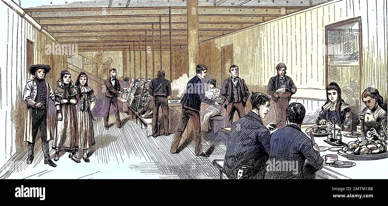 Szene auf einem englischen Auswandererschiff, hier der Speisesaal / Scene on an English Emigrant ship, here the Dining room, Historisch, historical, digital improved Reproduktion eines Originals aus dem 19.. Jahrhundert, genau Originaldatum nicht bekannt Stockfoto