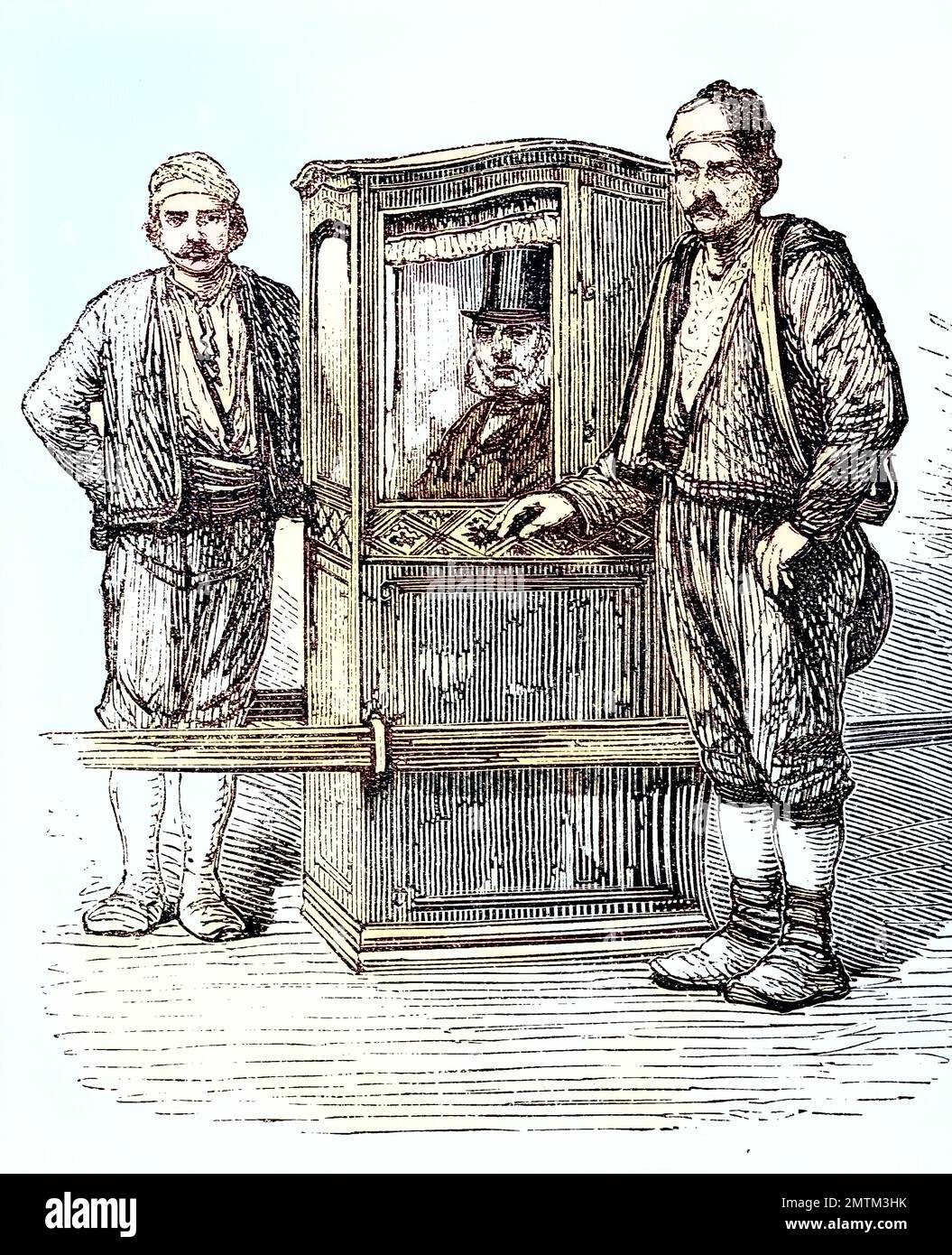 Berufe in Konstantinopel, Türkei, im Jahr 1880, Sänftenträger / Berufe in Konstantinopel, Türkei, 1880, Wurfträger, Historisch, Historische, digitale verbesserte Reproduktion eines Originals aus dem 19.. Jahrhundert, genau Originaldatum nicht bekannt Stockfoto