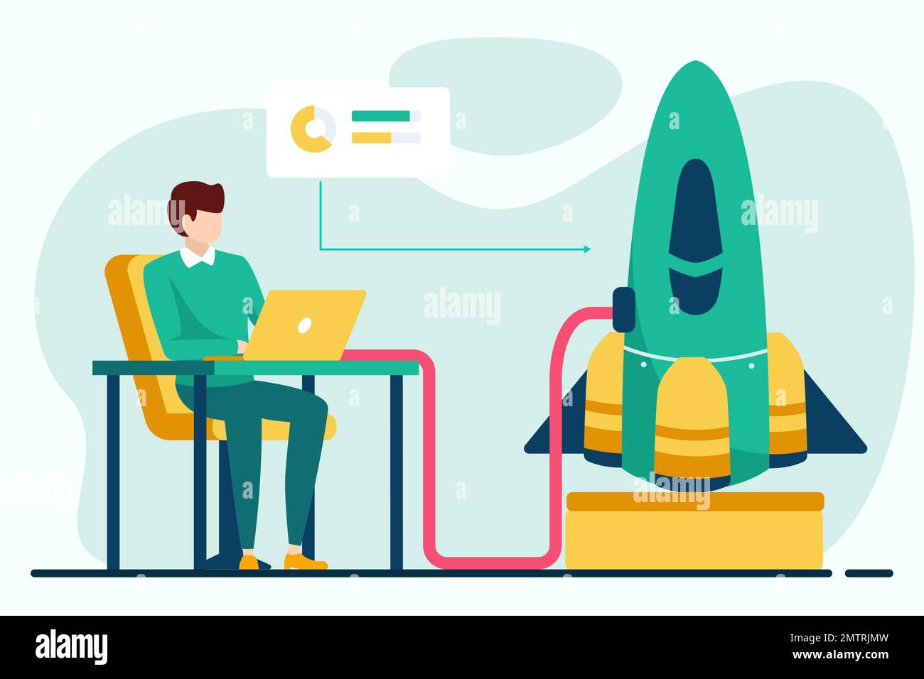 Vektordarstellung für Start-up-Unternehmen. Flaches Design. Ein Geschäftsmann mit Laptop, der am Tisch sitzt und an einer Rakete arbeitet. Stock Vektor