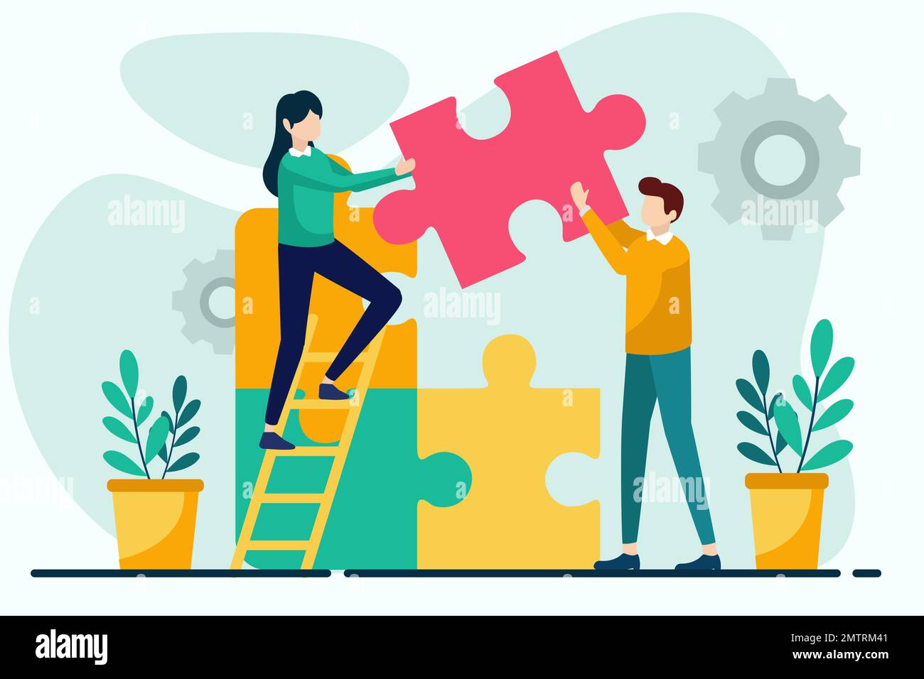 Vektordarstellung im Teamwork-Konzept im flachen Stil. Mann und Frau, die Puzzles zusammenstellen. Teamarbeit, Partnerschaft, Zusammenarbeit, Geschäftsleitung Stock Vektor