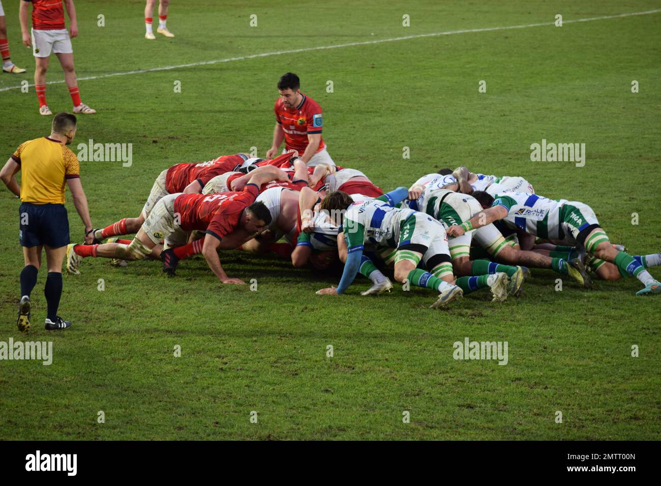 Munster scrum während ihres Spiels gegen Benetton Rugby in Treviso im Januar 2023 in der URC Stockfoto