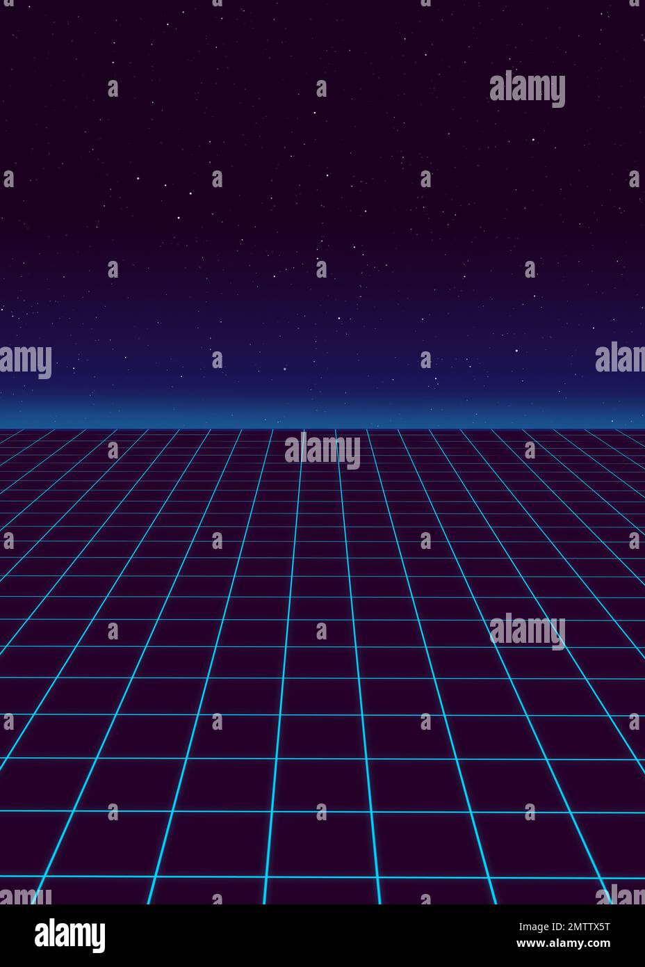 Sci-Fi im Stil von 80s, blau, futuristische Illustration. Postervorlage. Synthwave-Hintergrund im Retro-Stil. Texturiertes Vintage-Bild für Grafiken aus der alten Schule. Stockfoto
