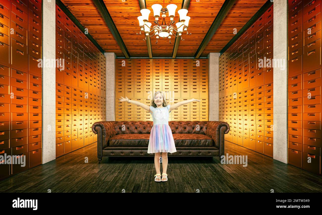 Glückliches weißliches Mädchen in einem luxuriösen Zimmer mit Dutzenden goldenen Schubladen Stockfoto
