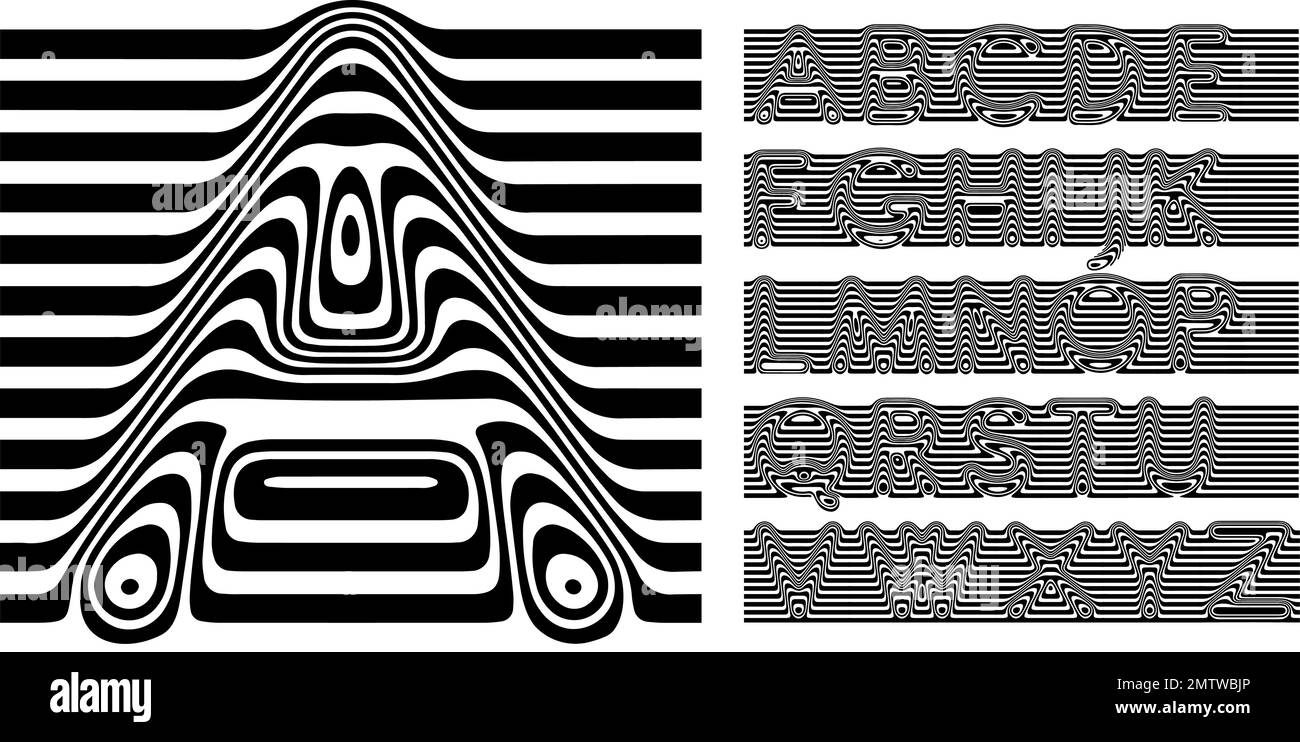 Verflüssigtes Alphabet, 3D gestreifte Buchstaben, optische Täuschungsschriftart für opart-Logo und -Überschrift, Hervorhebungsschrift, Spieldesign. Vektortypographisches Design Stock Vektor